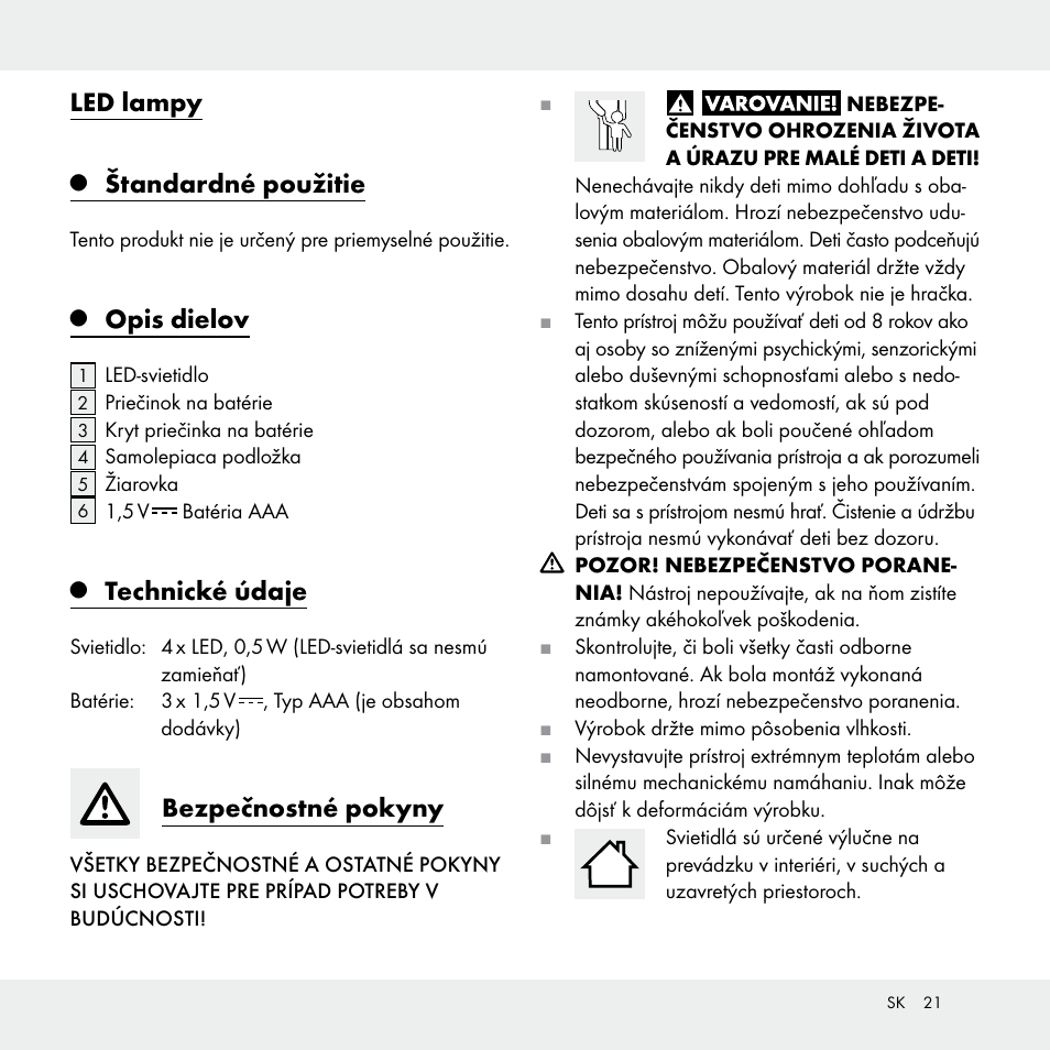 Led lampy, Štandardné použitie, Opis dielov | Technické údaje, Bezpečnostné pokyny | Livarno Z29538A /Z29538B User Manual | Page 21 / 27