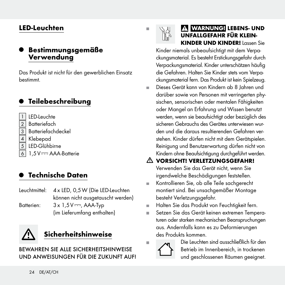 Led-leuchten, Bestimmungsgemäße verwendung, Teilebeschreibung | Technische daten, Sicherheitshinweise | Livarno Z29538A /Z29538B User Manual | Page 24 / 27