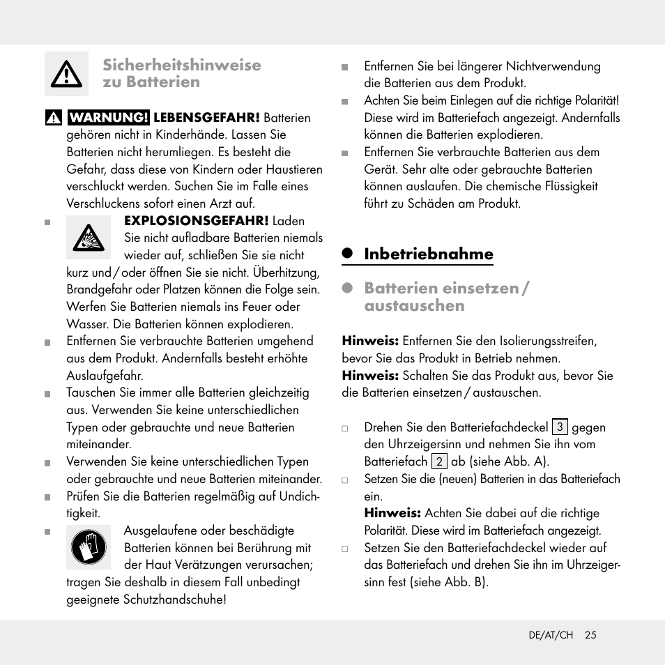 Sicherheitshinweise zu batterien, Inbetriebnahme, Batterien einsetzen / austauschen | Livarno Z29538A /Z29538B User Manual | Page 25 / 27