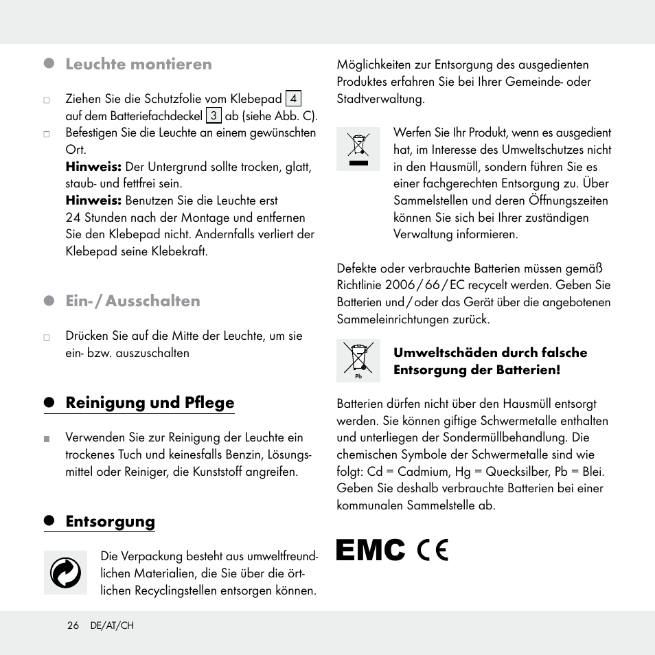 Leuchte montieren, Ein- / ausschalten, Reinigung und pflege | Entsorgung | Livarno Z29538A /Z29538B User Manual | Page 26 / 27