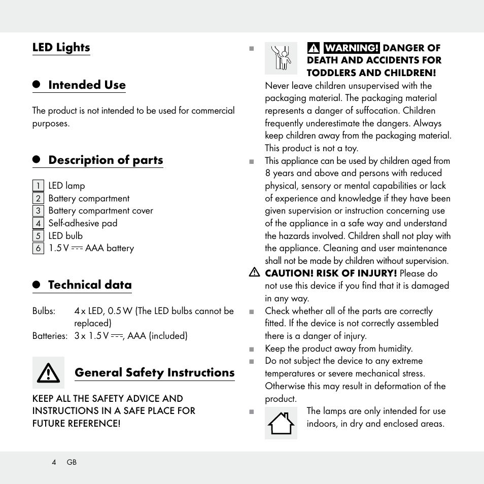Led lights, Intended use, Description of parts | Technical data, General safety instructions | Livarno Z29538A /Z29538B User Manual | Page 4 / 27