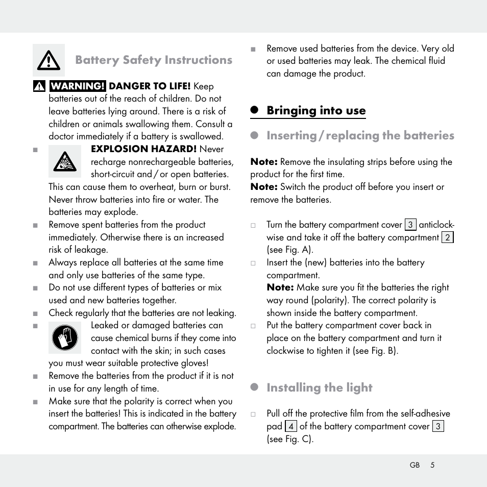 Battery safety instructions, Bringing into use, Inserting / replacing the batteries | Installing the light | Livarno Z29538A /Z29538B User Manual | Page 5 / 27