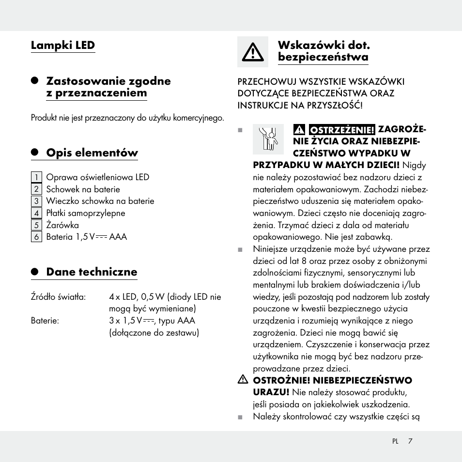 Lampki led, Zastosowanie zgodne z przeznaczeniem, Opis elementów | Dane techniczne, Wskazówki dot. bezpieczeństwa | Livarno Z29538A /Z29538B User Manual | Page 7 / 27