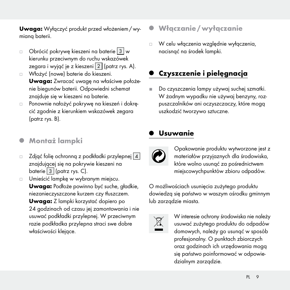 Montaż lampki, Włączanie / wyłączanie, Czyszczenie i pielęgnacja | Usuwanie | Livarno Z29538A /Z29538B User Manual | Page 9 / 27
