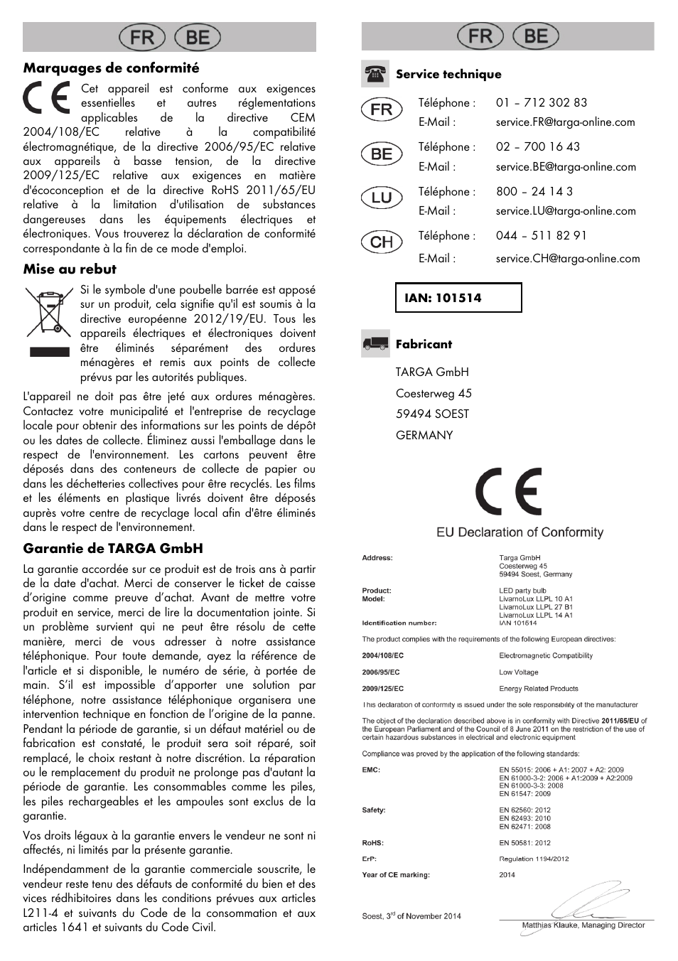 Marquages de conformité, Mise au rebut, Garantie de targa gmbh | Livarno LED PARTY LIGHT User Manual | Page 10 / 14