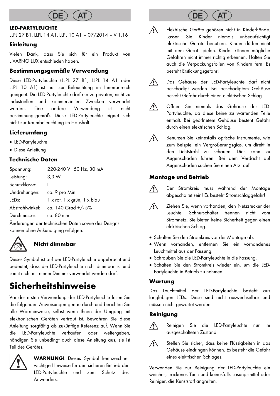 Sicherheitshinweise | Livarno LED PARTY LIGHT User Manual | Page 13 / 14