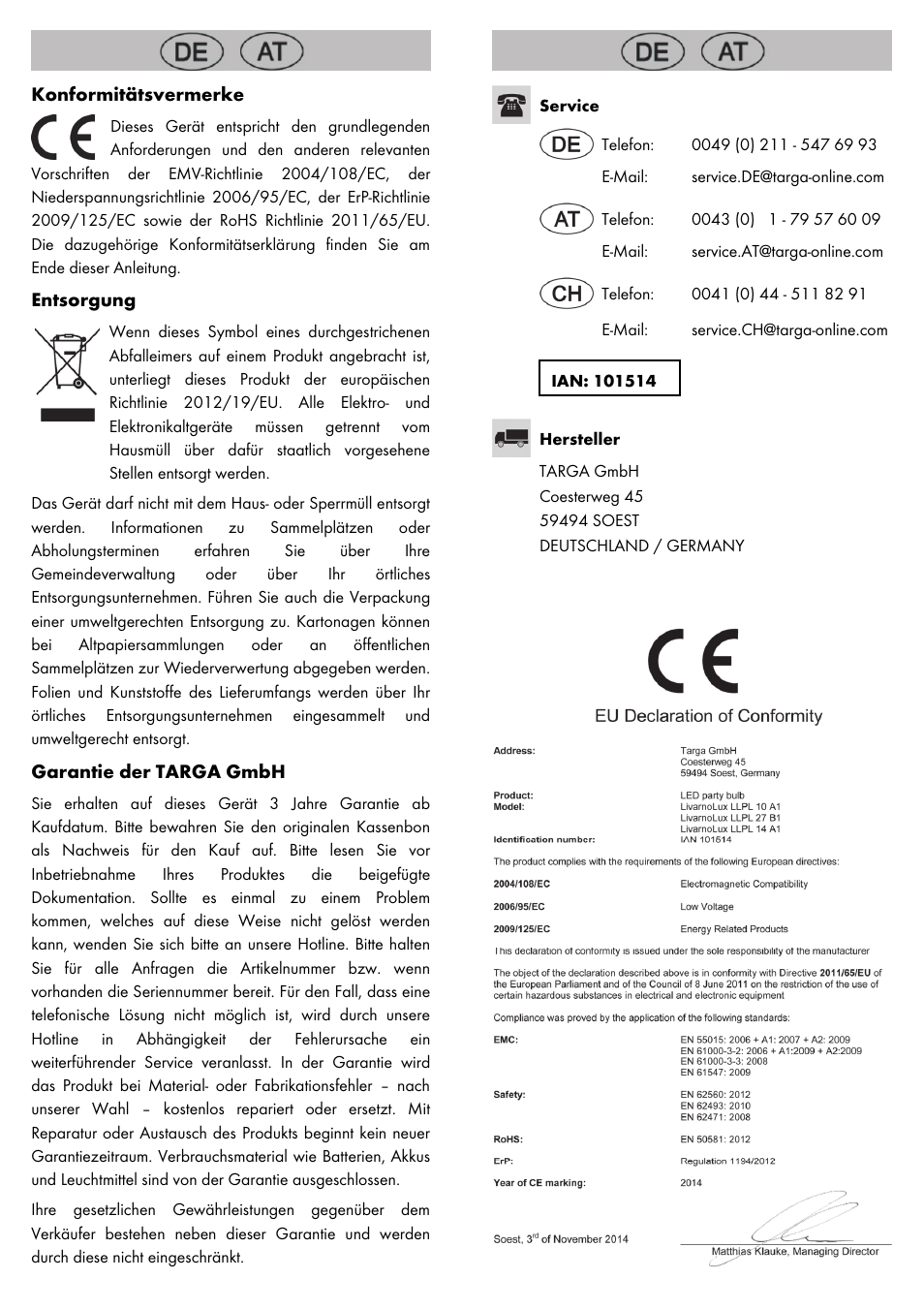 Konformitätsvermerke, Entsorgung, Garantie der targa gmbh | Livarno LED PARTY LIGHT User Manual | Page 14 / 14