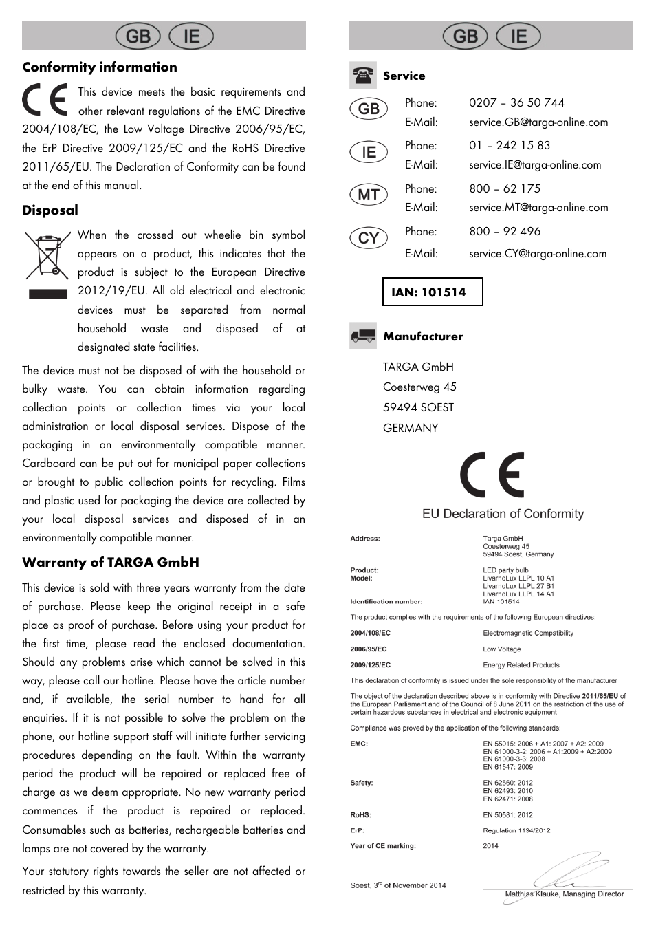 Conformity information, Disposal, Warranty of targa gmbh | Livarno LED PARTY LIGHT User Manual | Page 2 / 14