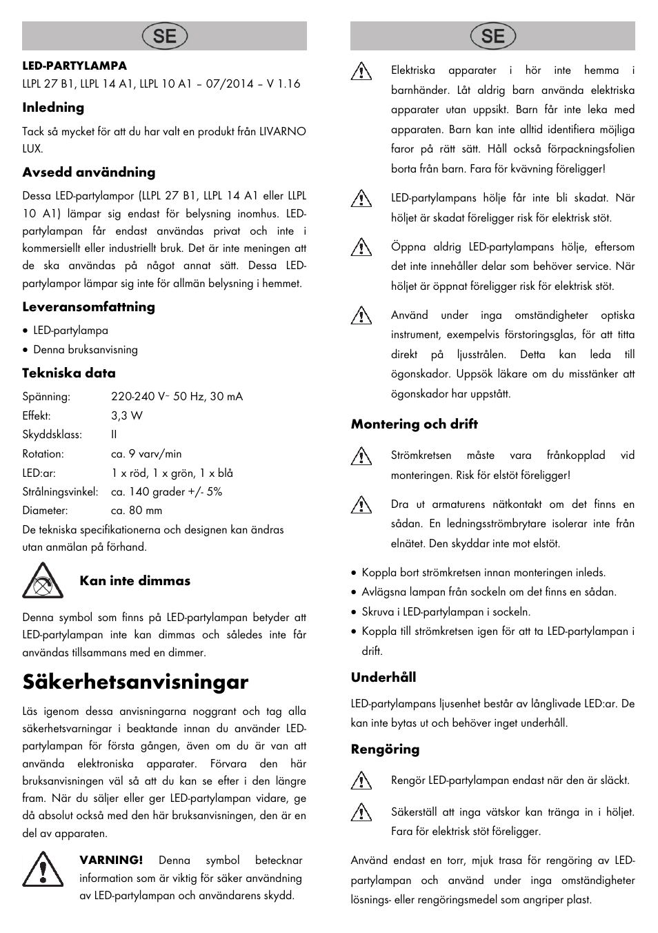 Säkerhetsanvisningar | Livarno LED PARTY LIGHT User Manual | Page 5 / 14