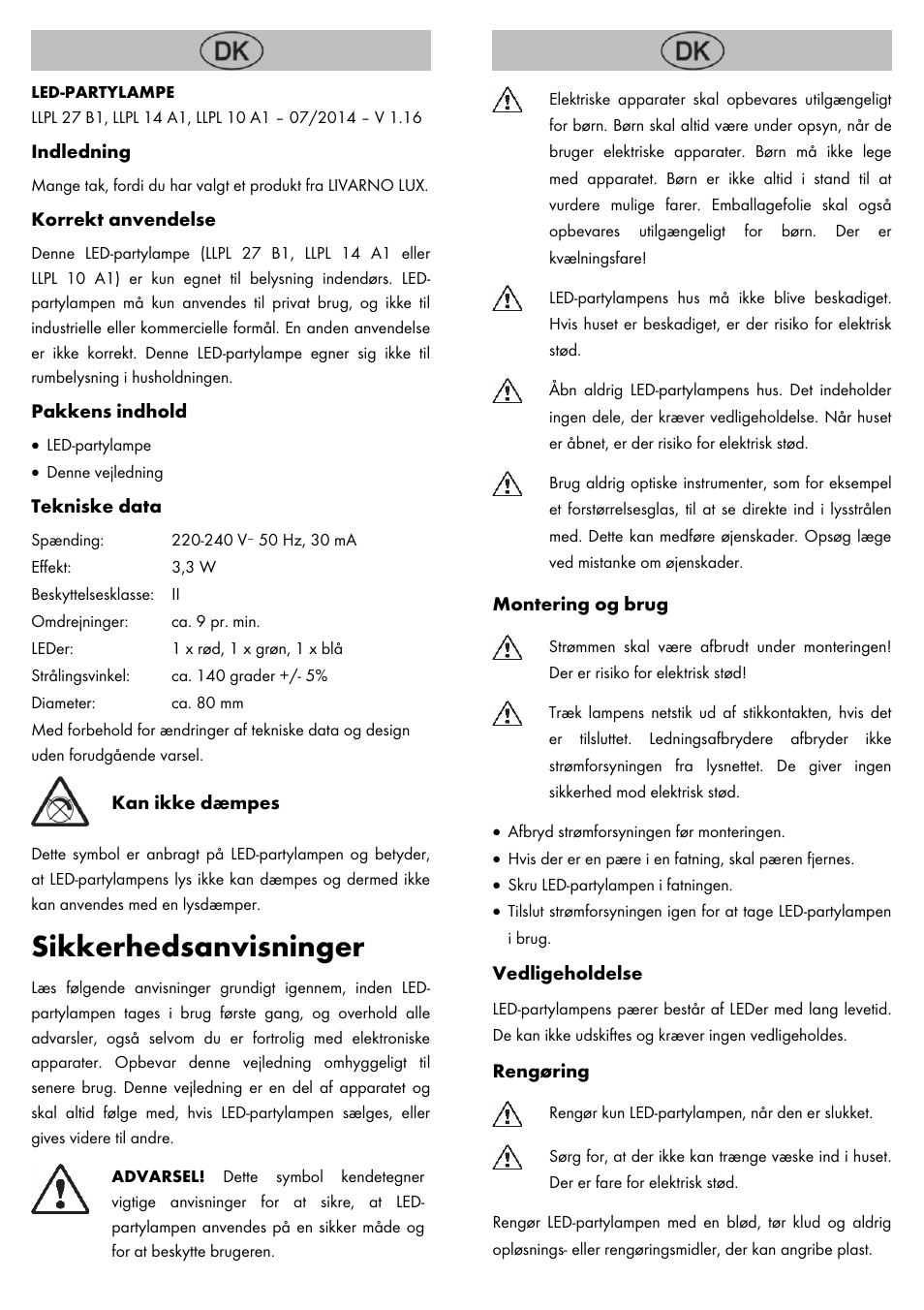 Sikkerhedsanvisninger | Livarno LED PARTY LIGHT User Manual | Page 7 / 14