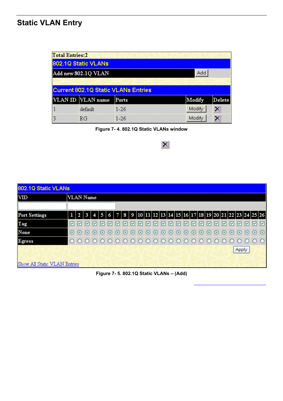 Static vlan entry | D-Link DES-3018 User Manual | Page 102 / 260