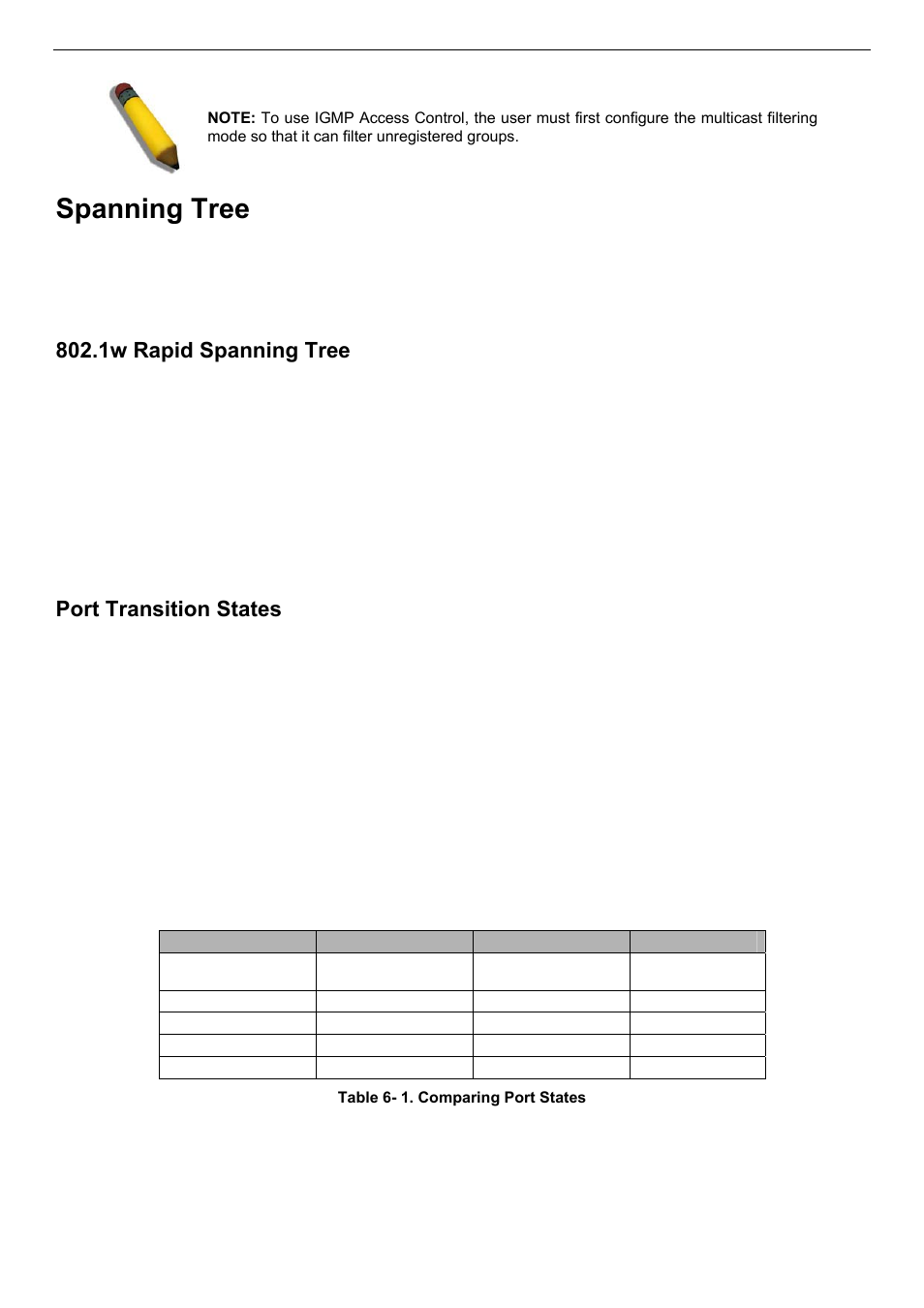 Spanning tree, 1w rapid spanning tree, Port transition states | D-Link DES-3018 User Manual | Page 114 / 260