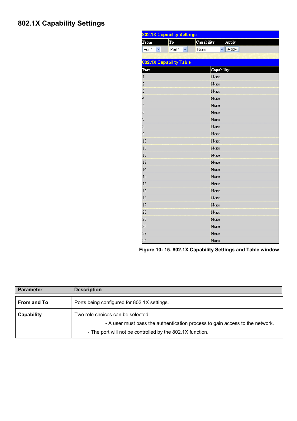 1x capability settings | D-Link DES-3018 User Manual | Page 163 / 260