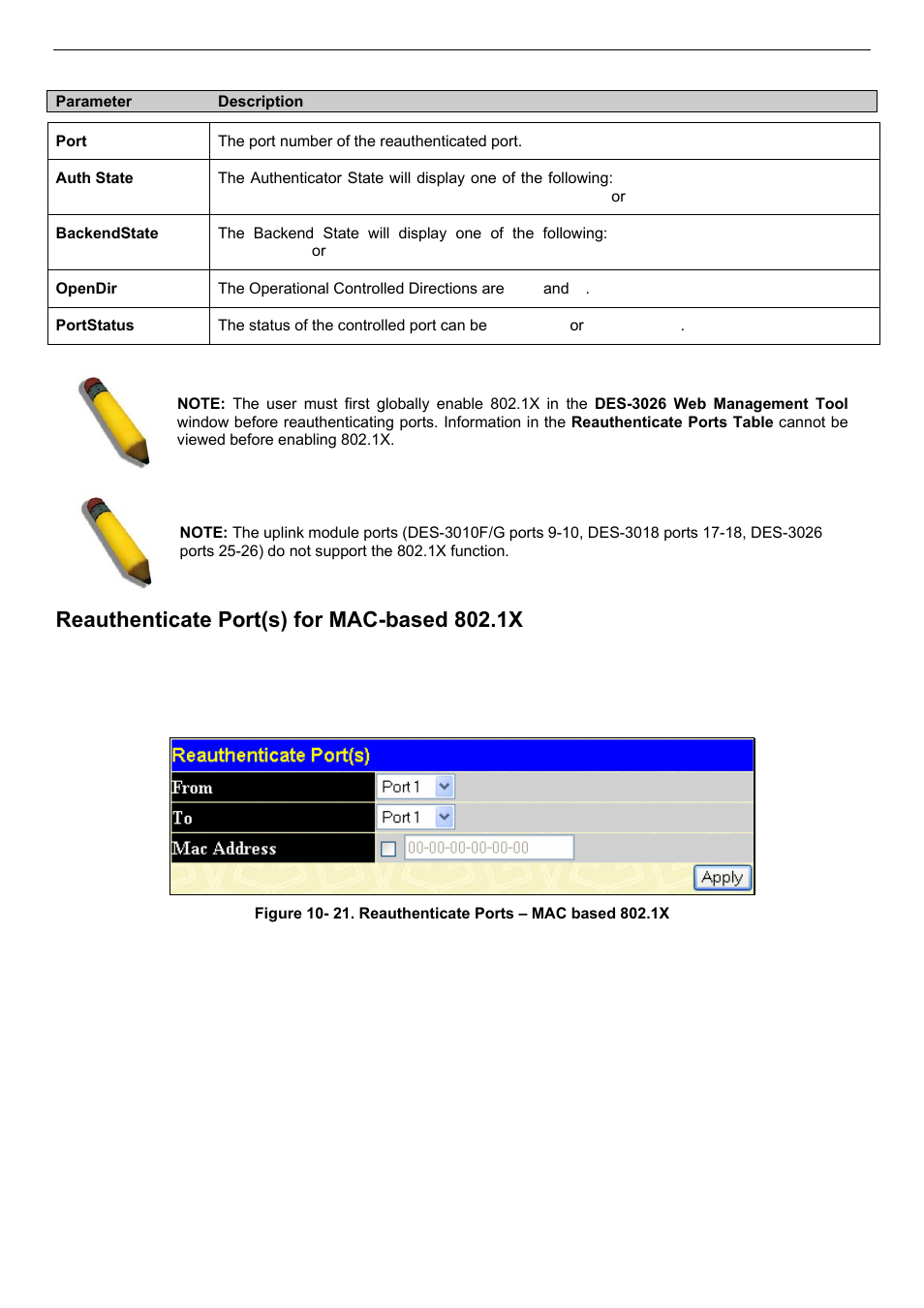Reauthenticate port(s) for mac-based 802.1x | D-Link DES-3018 User Manual | Page 168 / 260