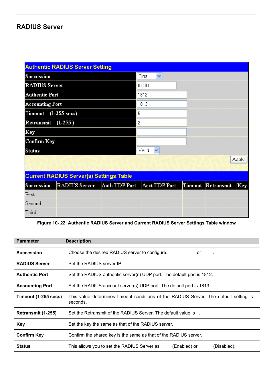 Radius server | D-Link DES-3018 User Manual | Page 169 / 260