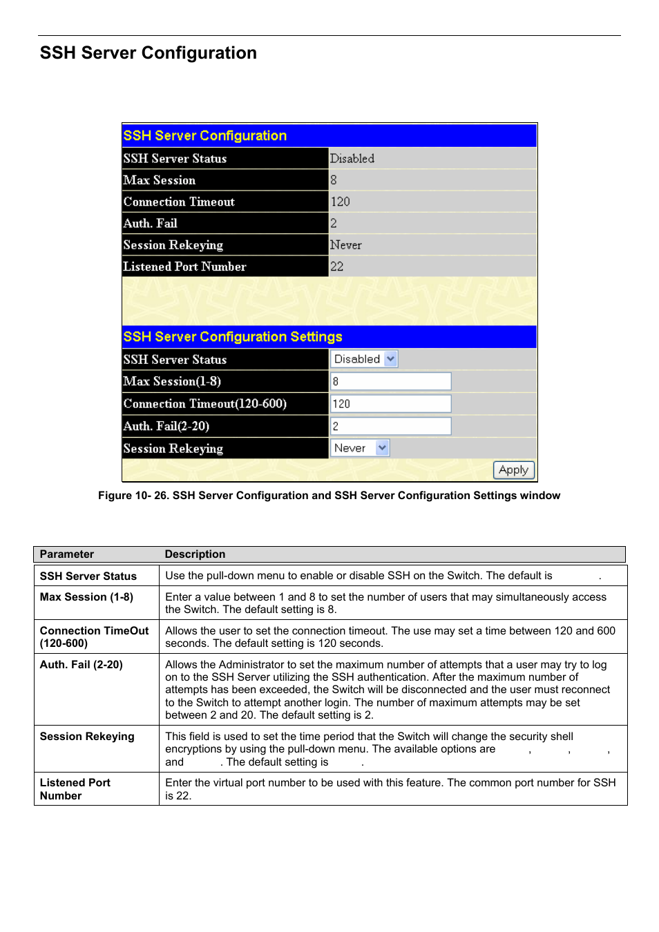 Ssh server configuration | D-Link DES-3018 User Manual | Page 173 / 260