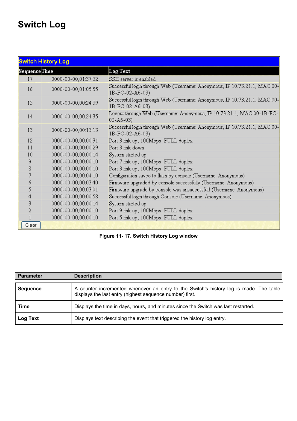 Switch log | D-Link DES-3018 User Manual | Page 195 / 260