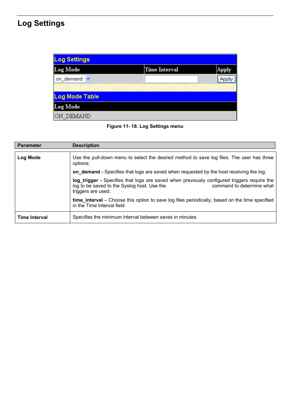 Log settings | D-Link DES-3018 User Manual | Page 196 / 260