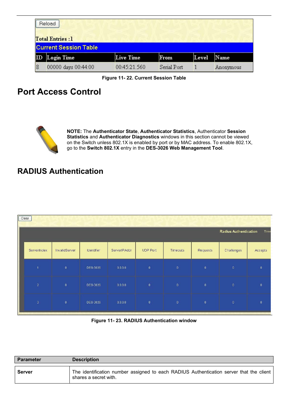 Port access control, Radius authentication | D-Link DES-3018 User Manual | Page 199 / 260