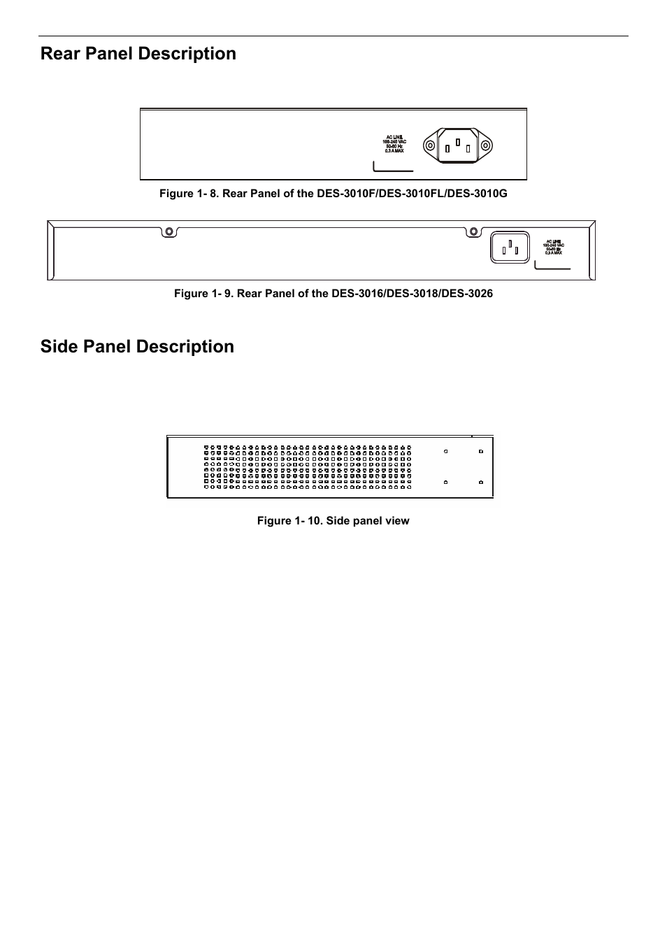 Rear panel description, Side panel description | D-Link DES-3018 User Manual | Page 20 / 260