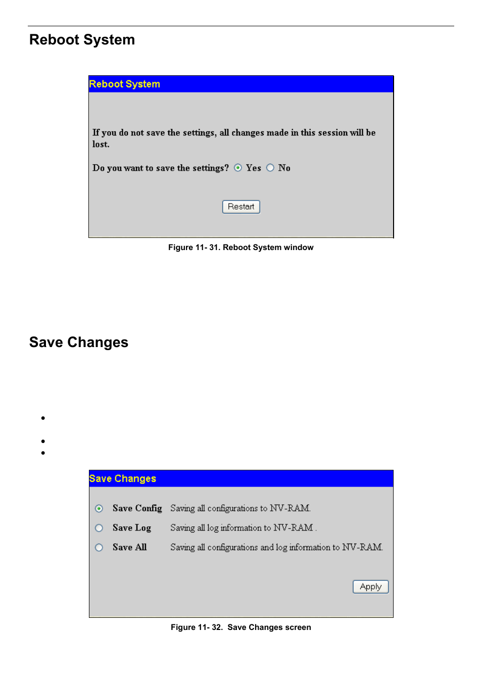 Reboot system, Save changes | D-Link DES-3018 User Manual | Page 211 / 260