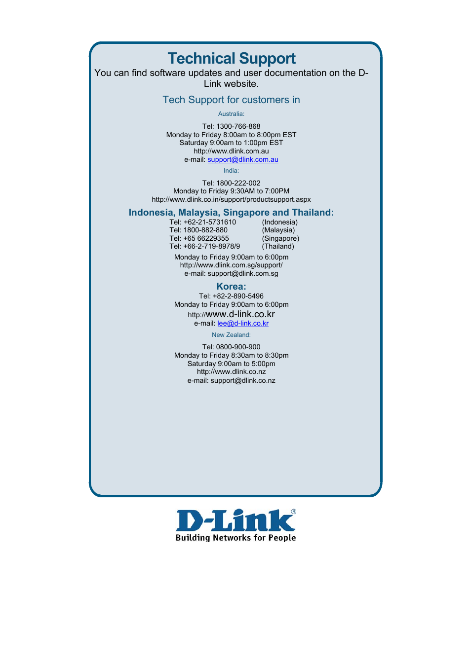 Technical support, Tech support for customers in, Indonesia, malaysia, singapore and thailand | Korea | D-Link DES-3018 User Manual | Page 250 / 260