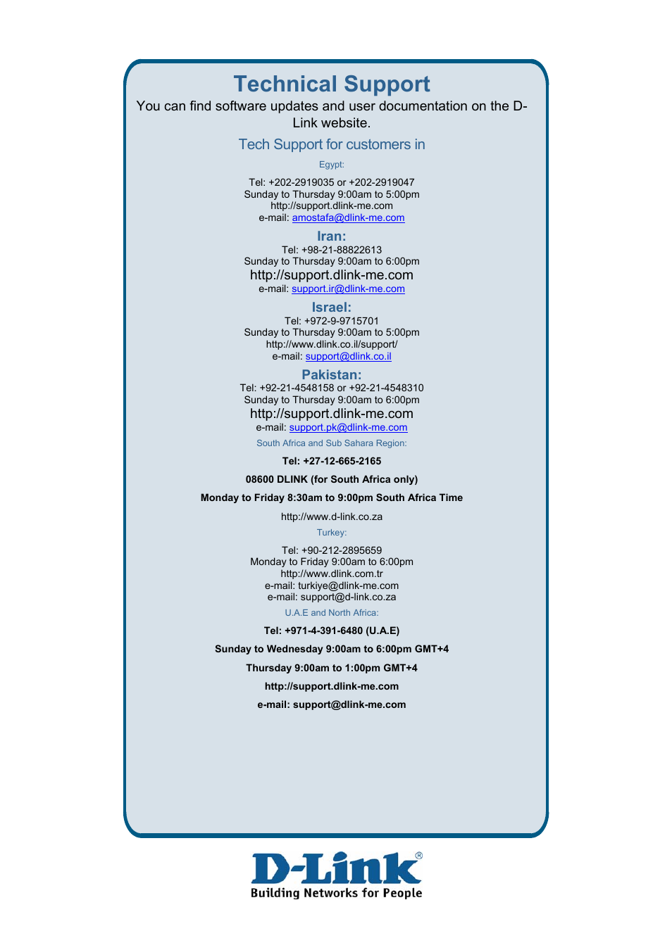 Technical support, Tech support for customers in | D-Link DES-3018 User Manual | Page 251 / 260