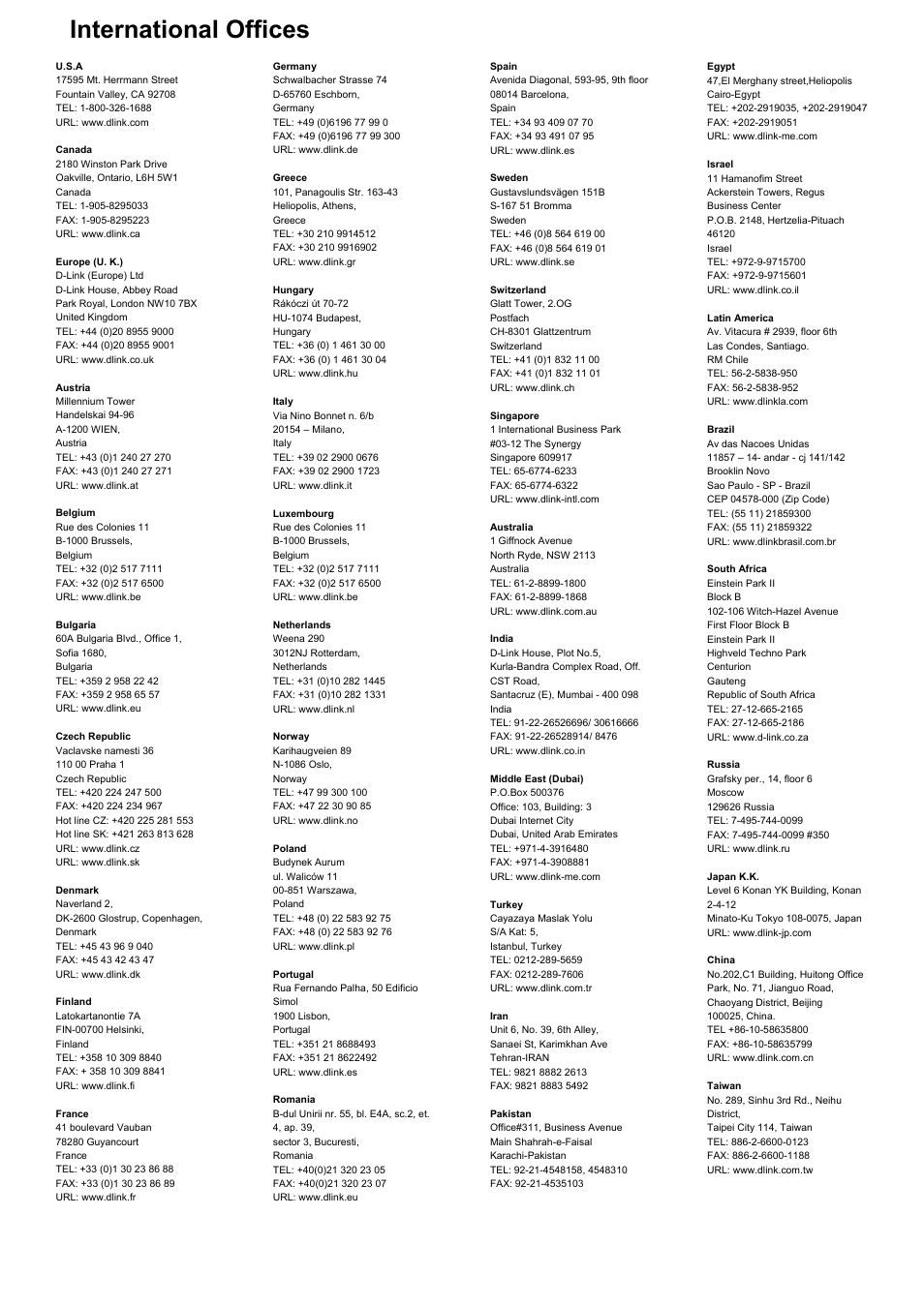 International offices | D-Link DES-3018 User Manual | Page 258 / 260