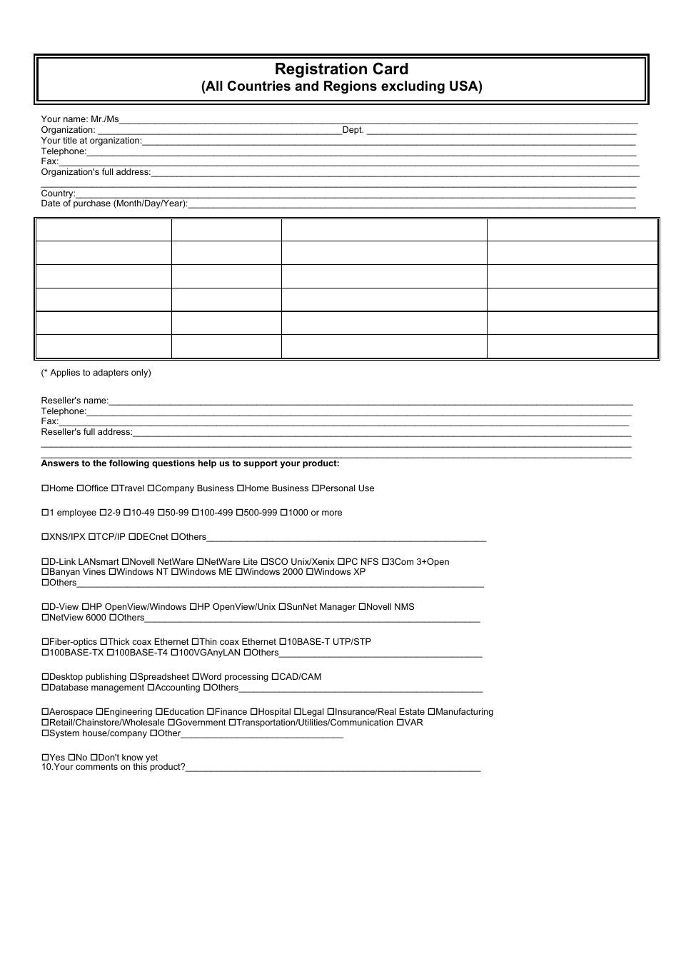 Registration card, All countries and regions excluding usa) | D-Link DES-3018 User Manual | Page 259 / 260