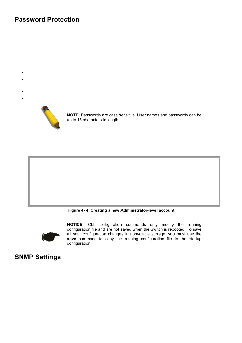 Password protection, Snmp settings | D-Link DES-3018 User Manual | Page 31 / 260