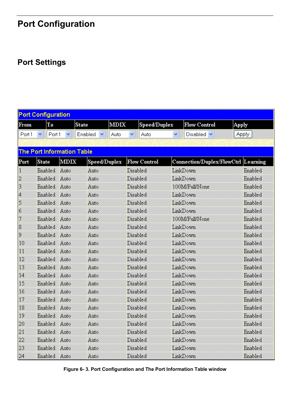Port configuration, Port settings | D-Link DES-3018 User Manual | Page 44 / 260