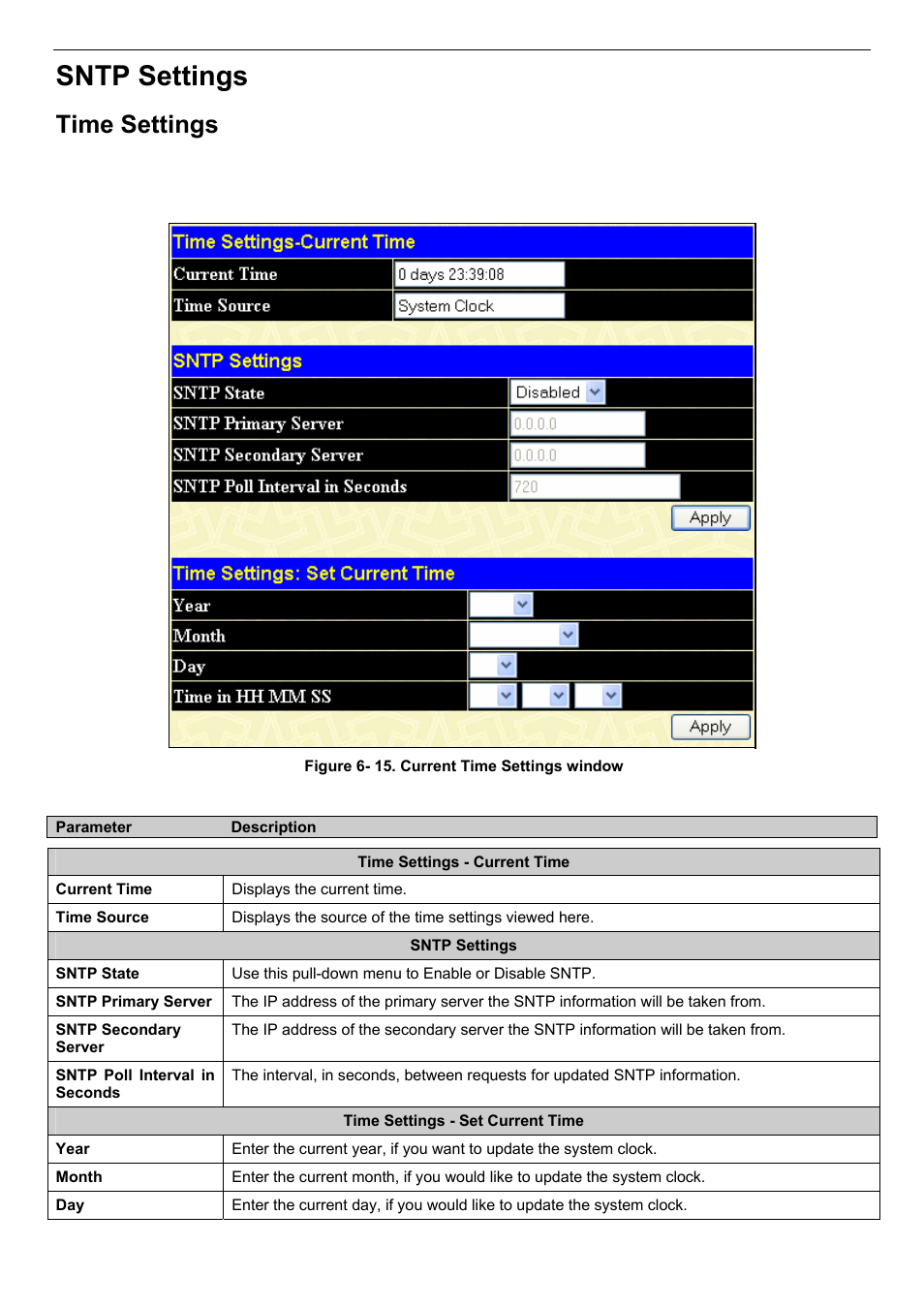 Sntp settings, Time settings | D-Link DES-3018 User Manual | Page 54 / 260