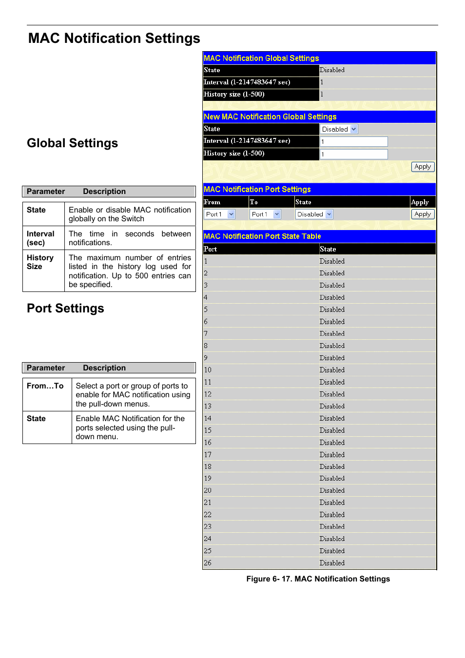 Mac notification settings, Global settings, Port settings | D-Link DES-3018 User Manual | Page 57 / 260