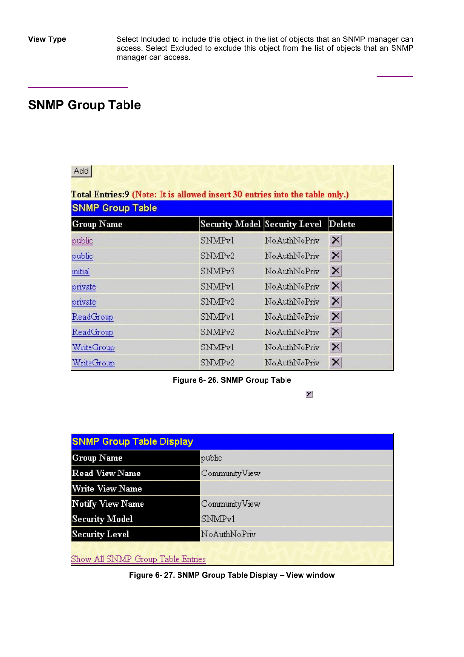Snmp group table | D-Link DES-3018 User Manual | Page 63 / 260