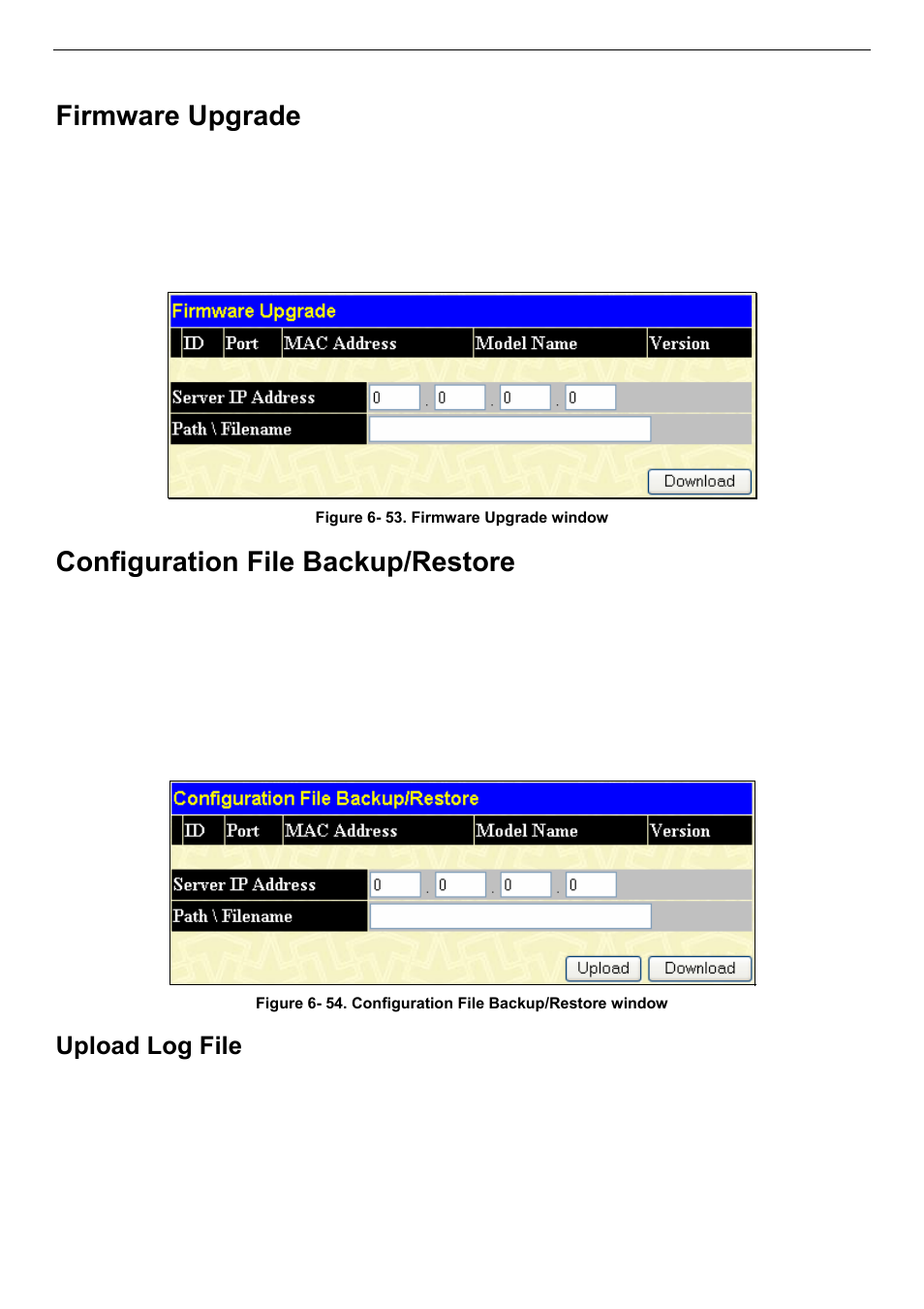 Firmware upgrade, Configuration file backup/restore, Upload log file | D-Link DES-3018 User Manual | Page 83 / 260