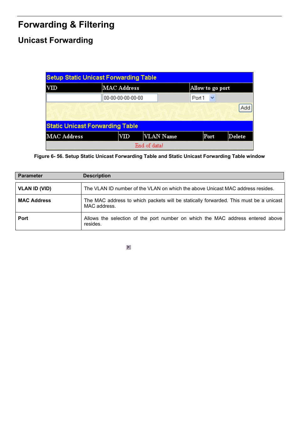 Forwarding & filtering, Unicast forwarding | D-Link DES-3018 User Manual | Page 85 / 260