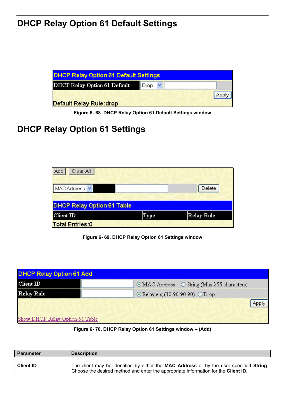 Dhcp relay option 61 default settings, Dhcp relay option 61 settings | D-Link DES-3018 User Manual | Page 96 / 260