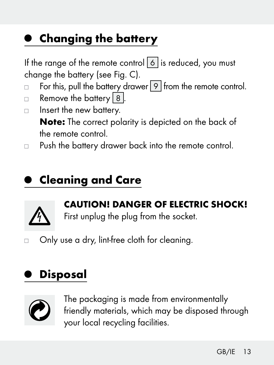 Changing the battery, Cleaning and care, Disposal | Livarno 102618-14-01-BS User Manual | Page 13 / 101