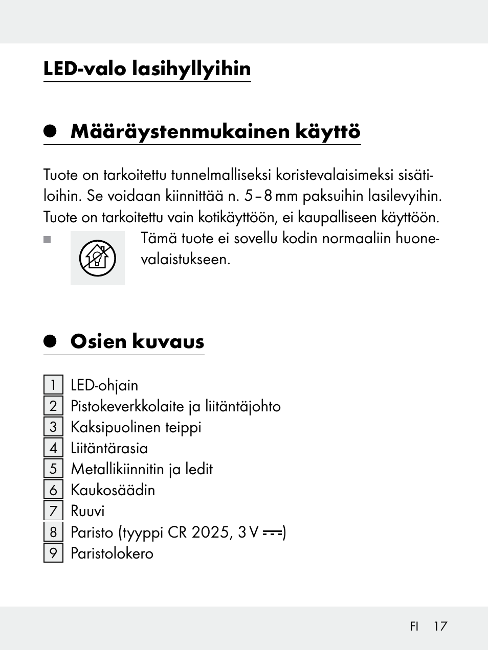 Led-valo lasihyllyihin määräystenmukainen käyttö, Osien kuvaus | Livarno 102618-14-01-BS User Manual | Page 17 / 101