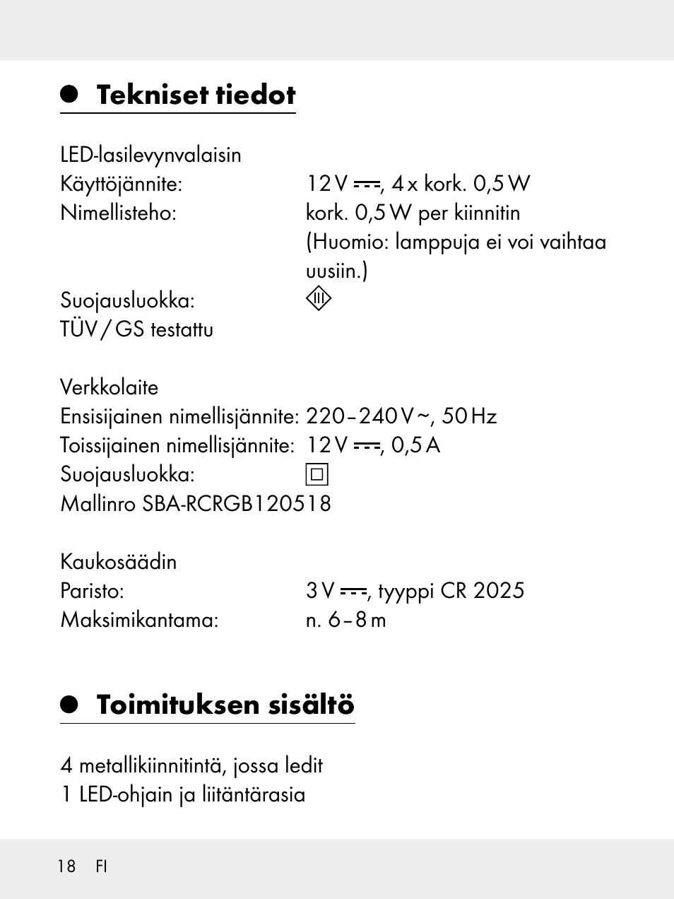 Tekniset tiedot, Toimituksen sisältö | Livarno 102618-14-01-BS User Manual | Page 18 / 101