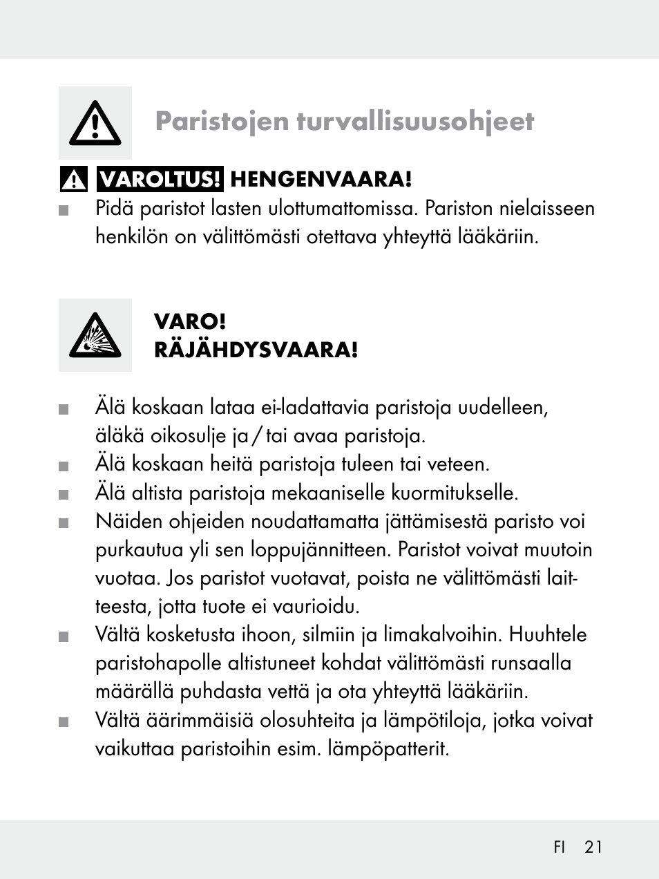 Paristojen turvallisuusohjeet | Livarno 102618-14-01-BS User Manual | Page 21 / 101