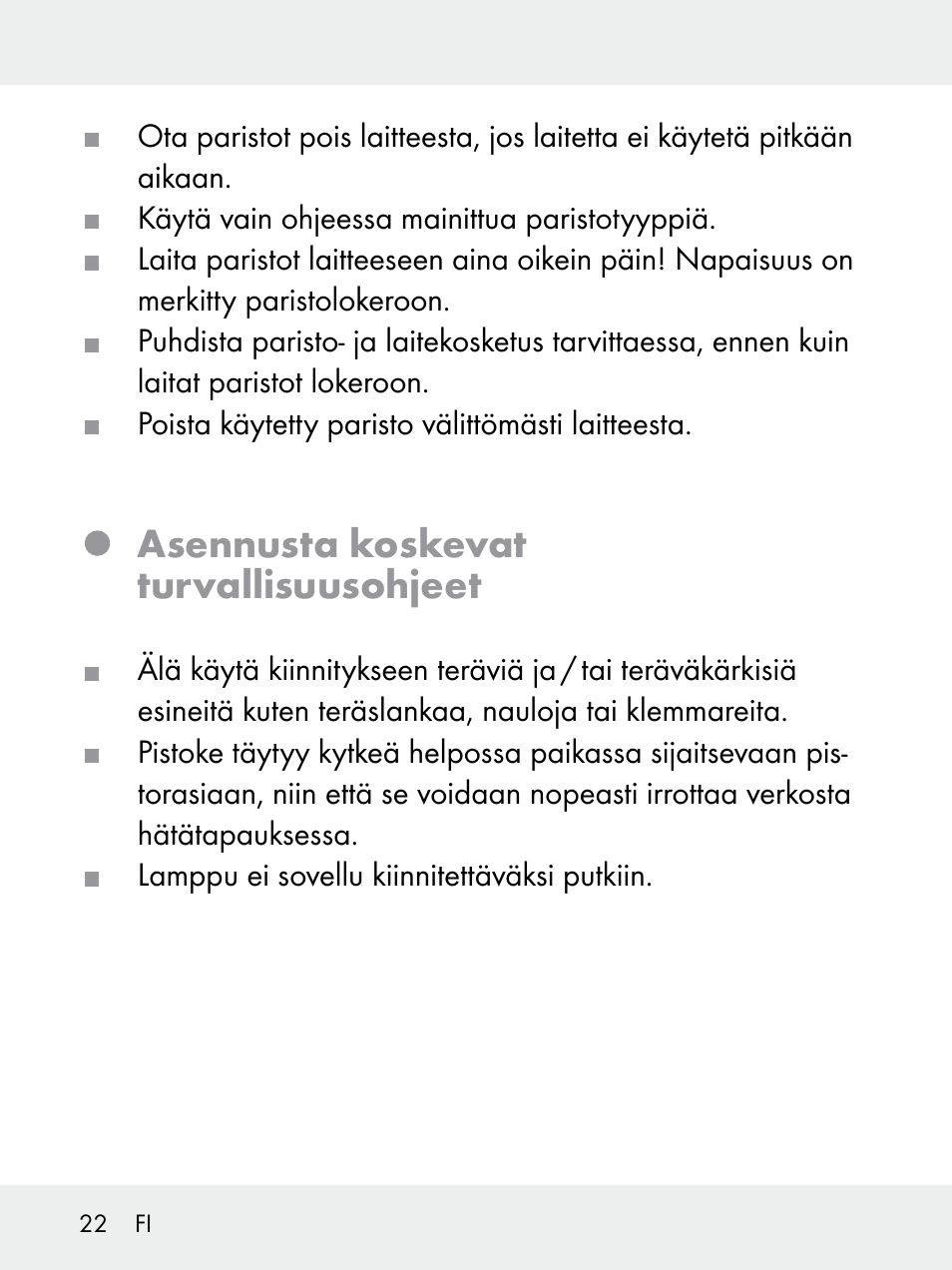 Asennusta koskevat turvallisuusohjeet | Livarno 102618-14-01-BS User Manual | Page 22 / 101