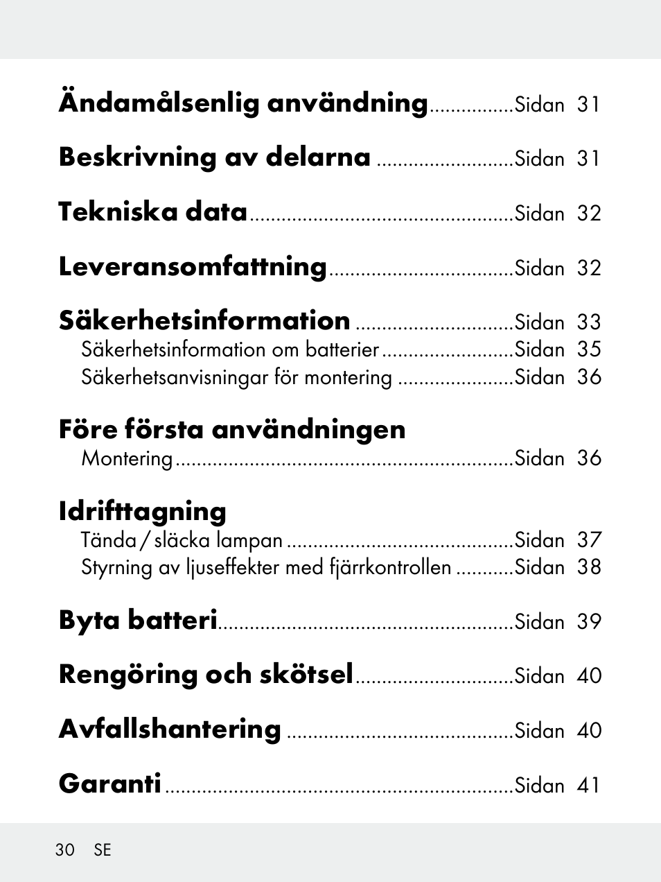 Ändamålsenlig användning, Beskrivning av delarna, Tekniska data | Leveransomfattning, Säkerhetsinformation, Före första användningen, Idrifttagning, Byta batteri, Rengöring och skötsel, Avfallshantering | Livarno 102618-14-01-BS User Manual | Page 30 / 101