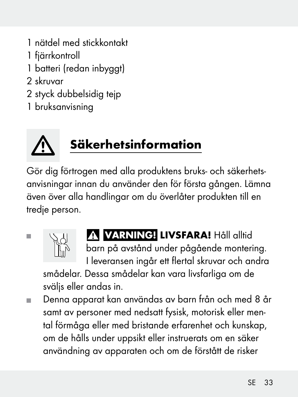 Säkerhetsinformation | Livarno 102618-14-01-BS User Manual | Page 33 / 101