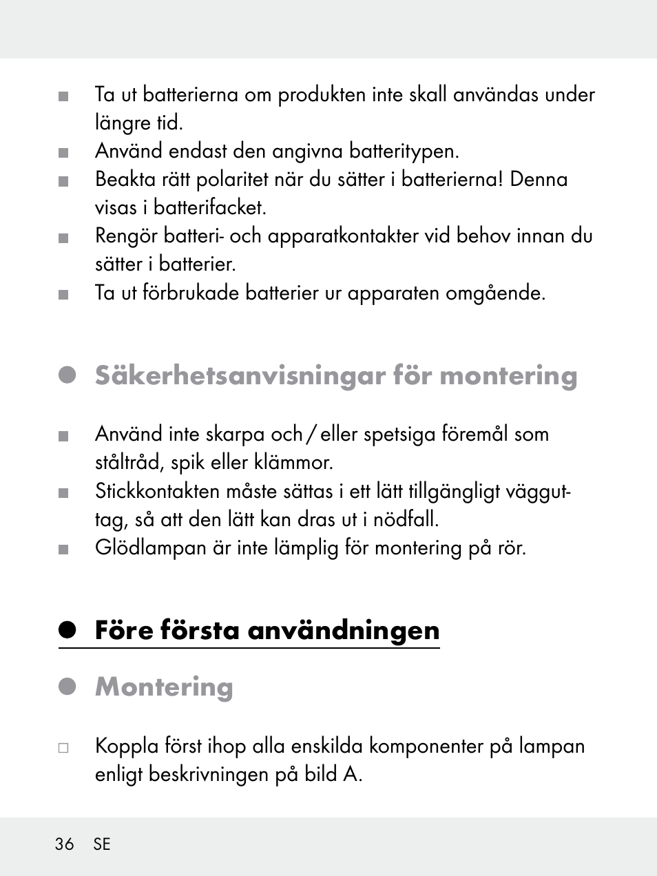 Säkerhetsanvisningar för montering, Före första användningen montering | Livarno 102618-14-01-BS User Manual | Page 36 / 101