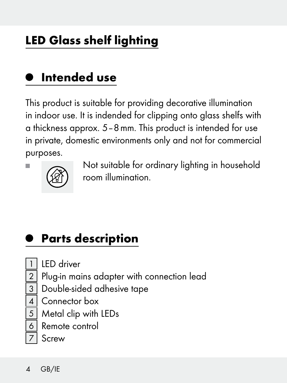 Led glass shelf lighting, Intended use, Parts description | Livarno 102618-14-01-BS User Manual | Page 4 / 101