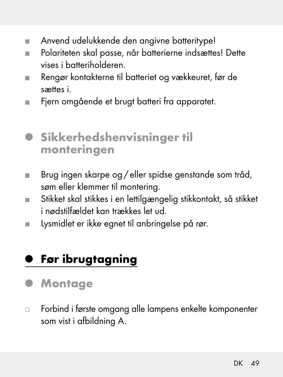 Sikkerhedshen visninger til monteringen, Før ibrugtagning montage | Livarno 102618-14-01-BS User Manual | Page 49 / 101