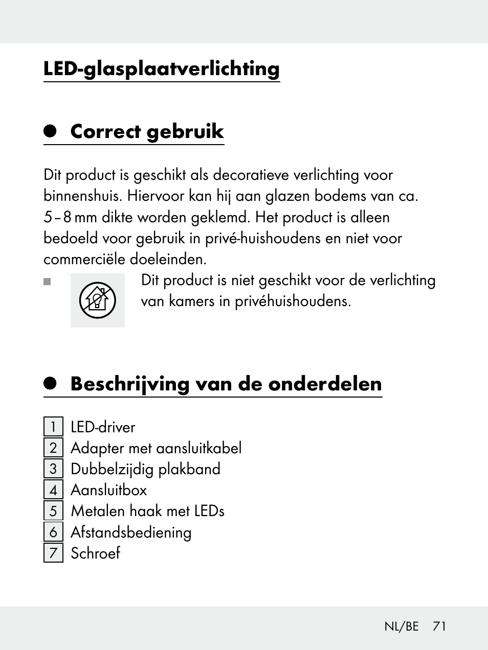 Led-glasplaatverlichting correct gebruik, Beschrijving van de onderdelen | Livarno 102618-14-01-BS User Manual | Page 71 / 101