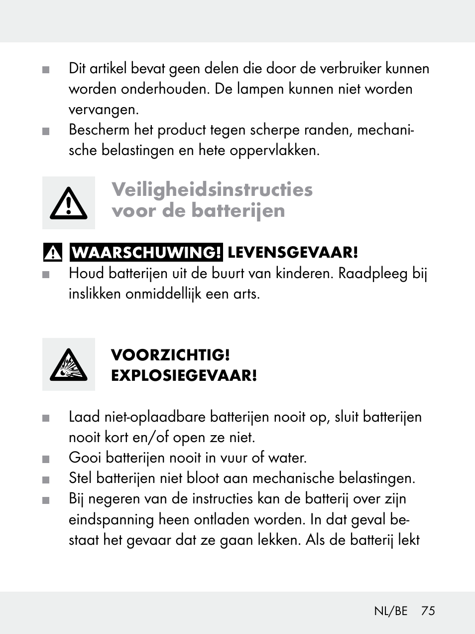 Veiligheidsinstructies voor de batterijen | Livarno 102618-14-01-BS User Manual | Page 75 / 101