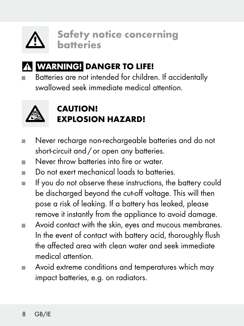 Safety notice concerning batteries | Livarno 102618-14-01-BS User Manual | Page 8 / 101